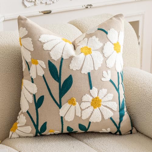 Boho Floral Tufted Throw Pillow Cover 18"x18" - Cotton Cushion for Sofa & Bed (Flower E)