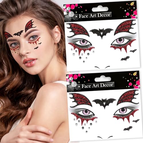 Halloween Glitter Bat Face Gems and Temporary Tattoo Stickers 2Pcs