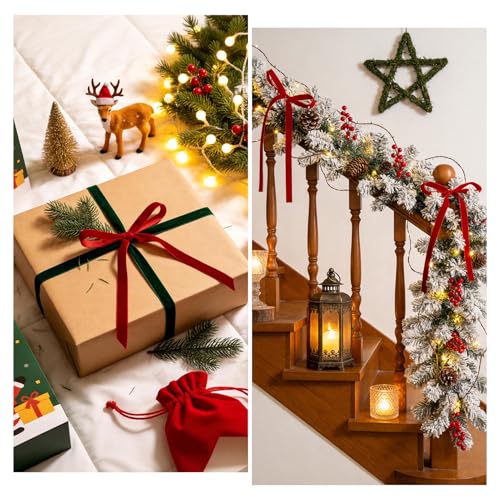 Christmas Velvet Ribbon Bows 5x7 Inch Set of 12 Red Holiday Decorations