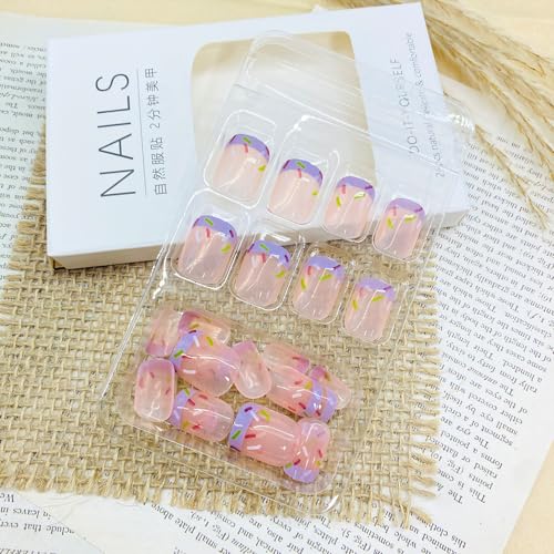 Purple French Tip Press on Nails Short Square False Nails 24Pcs