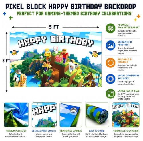 Pixel Video Game Birthday Banner - 5x3ft Gaming Party Decor