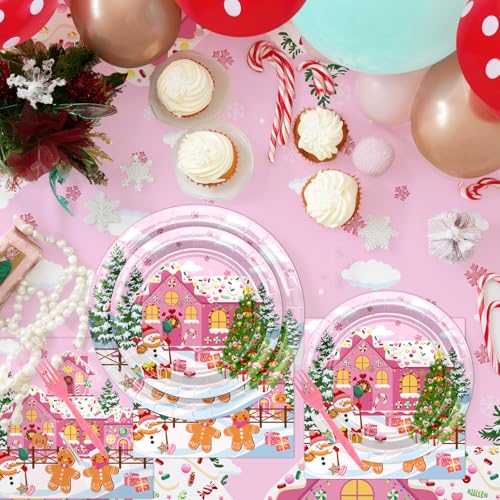 Pink Gingerbread Christmas Party Decorations Kit - Banners, Plates, Balloons & Napkins