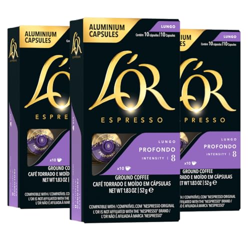 L'OR Profondo Lungo Espresso Capsules 10 Count Pack for Nespresso & L'OR Barista, 30 Capsules Total