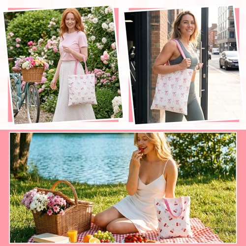 JATEBI 3-Pack Cute Double-Sided Tote Bags - Pink Reusable Grocery Totes with Inner Pocket