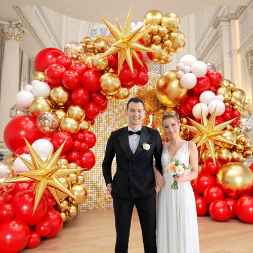 132pcs Red and Gold Balloon Arch Kit with Confetti Balloons for Parties