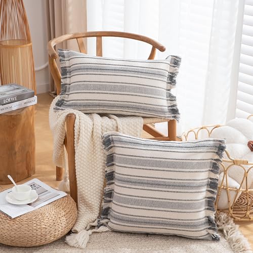 Beige and Grey Boho Decorative Throw Pillow Cover 18x18 - Modern Farmhouse Style