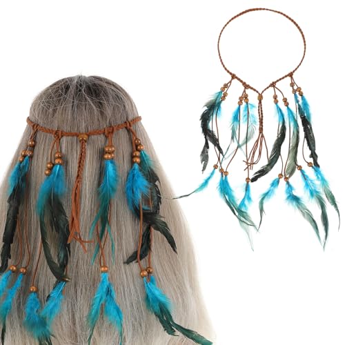 Guduling Blue Feather Indian Headband Boho Hippie Hair Accessory