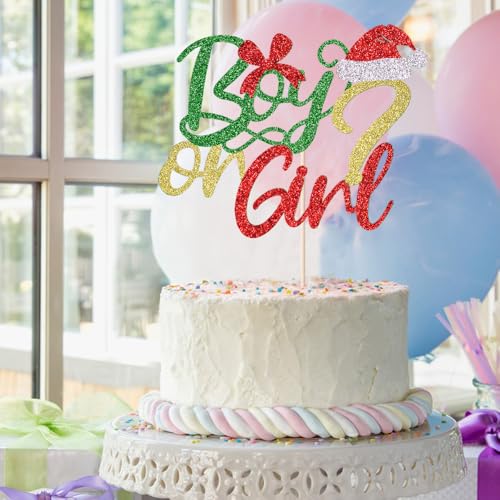 Christmas Boy or Girl Gender Reveal Cake Toppers with Glitter Santa Hat