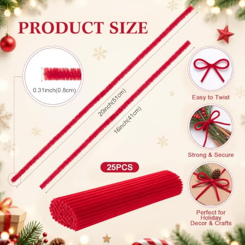 25 Pcs 16 Inch Christmas Garland Fuzzy Wire Ties - Red, Rustic Decor