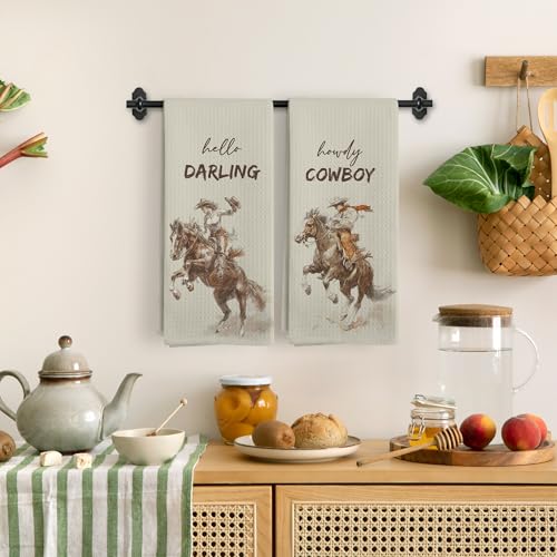 Western Cowboy Kitchen Towels Set of 2 - Retro Decorative Hand Towels