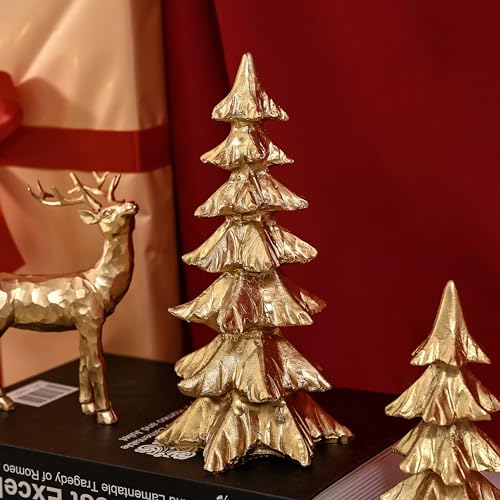 Gold Resin Christmas Tree Figurines Set - Small Holiday Tabletop Decor
