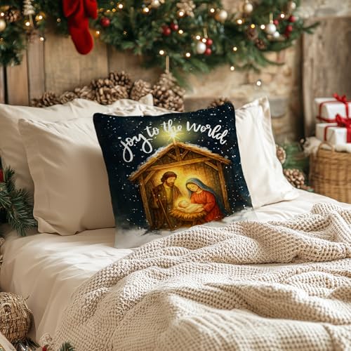 AACORS 18x18 Inch Christmas Pillow Cover Joy to The World Jesus Holiday Farmhouse Decor