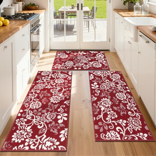 LOKHOM Christmas Kitchen Rugs Sets of 3, Non Slip High-Low Textured Red Kitchen Mats for Floor with Rubber Backing, Paisley Floral Washable Carpet Runner for Hallways Sink Holiday Decor (Red & White)