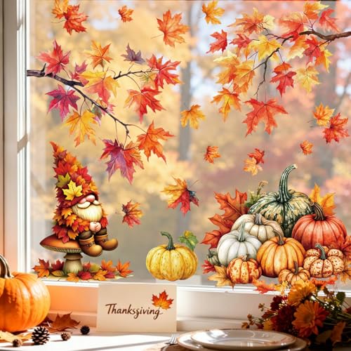 Fall Window Clings with Gnomes & Leaves - 9 Sheets Autumn Decor