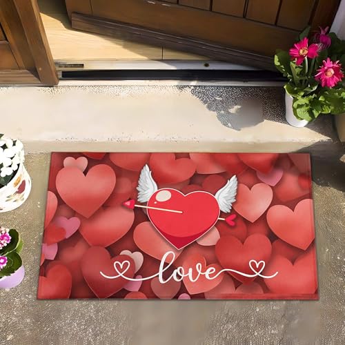 Red Love Heart Valentine's Day Doormat 30"x17" – Non-Slip, Durable