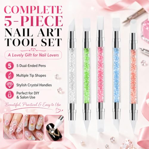 HHOOMY 5 Pcs Dual-Ended Silicone Nail Art Brushes with Crystal Handles