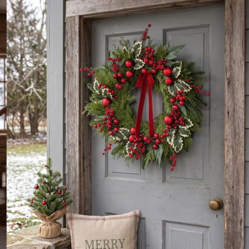 24 Inch Christmas Wreath with Artificial Eucalyptus & Red Bow for Front Door Holiday Decor - Variation of This Listing