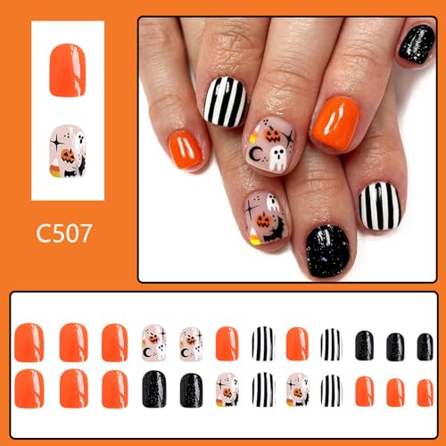Halloween Press on Nails Short Square Cute Ghost Bat Pumpkin Acrylic Fake Nails 24Pcs