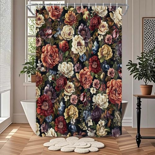 Boho Floral Shower Curtain Set - Vintage Red Flower Design, 72x72