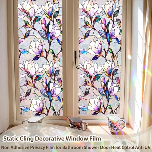 Rainbow Magnolia Stained Glass Window Privacy Film 17.5"x78.7"