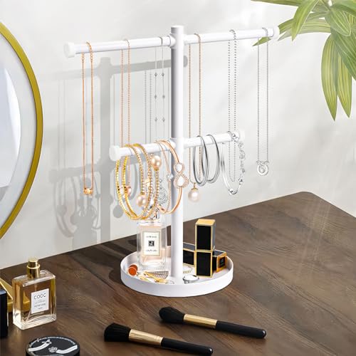 White 2-Tier Metal Jewelry Organizer Stand for Necklaces & Bracelets