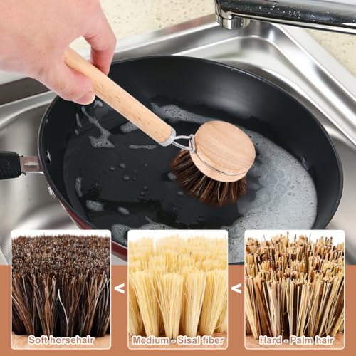 LORGVEXN Wooden Dish Brush with 3 Replaceable Natural Bristle Heads – Eco-Friendly Kitchen Tool