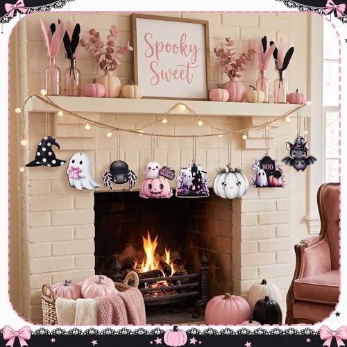 8 Pcs Pink Halloween Wooden Ornaments - Spooky Cute Decor