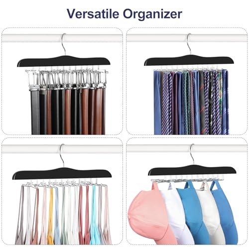 Black Wooden Tie Rack Organizer with 24 Folding Hooks - Space Saving Closet Storage