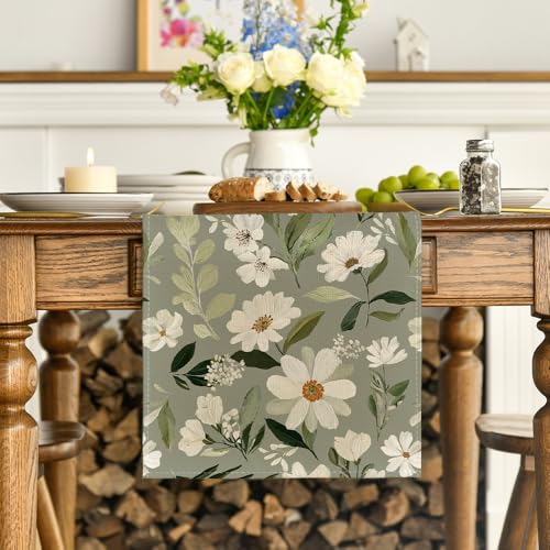 Green Olive Daisy Spring Table Runner 13x72 Inch Home Decor - Sage Green