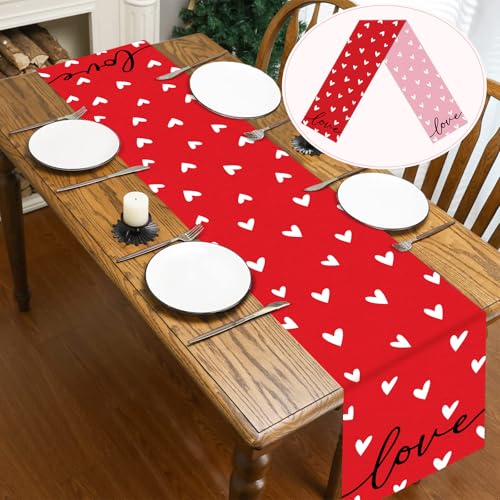 Valentine's Day Reversible Linen Table Runner 13 x 72 Inch Red and Pink