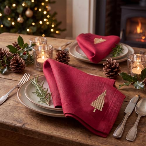 Christmas Cloth Napkins Set of 6 - Red Embroidered Tree Pattern, 17x17 Inches