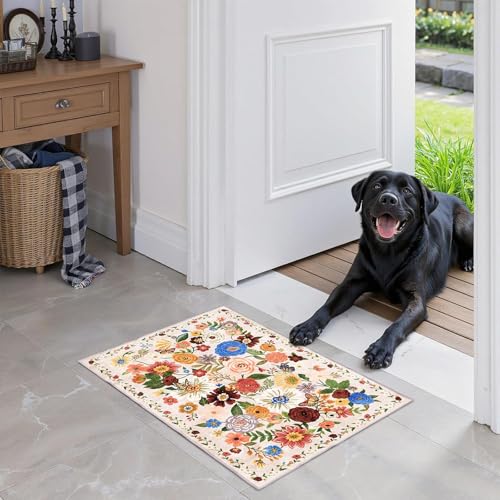 Babovid Floral Area Rug, 1'4" x 2' Blush Beige Non-Slip Washable Door Mat