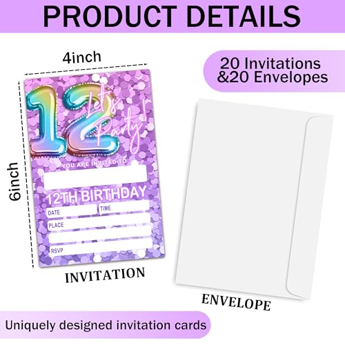 Let's Party Birthday Invitations with Envelopes, Pink Rainbow Balloons, 20 Pack