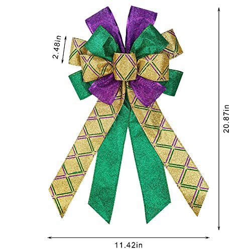 Large Mardi Gras Wreath Bow - Purple Green Glitter Plaid Carnival Decor