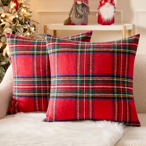 Christmas Plaid Decorative Euro Pillow Covers Set of 2 24x24 Inches - Red