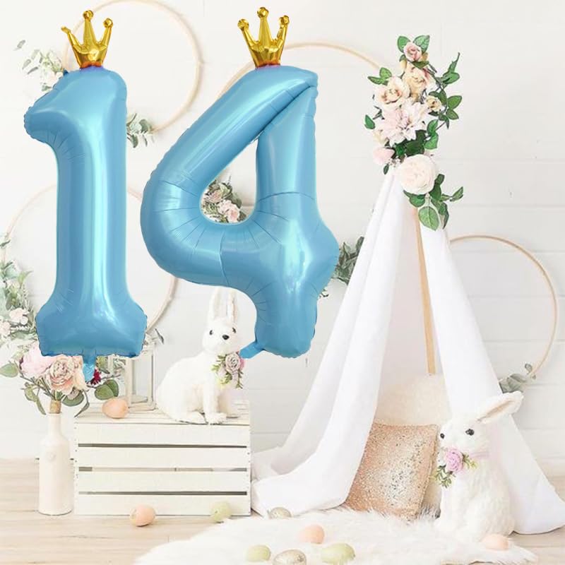 40 Inch Blue Number 14 Foil Balloon with Crown for Birthday Party