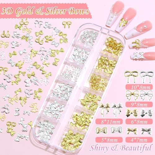 BELICEY 3D Gold Silver Bow Nail Charms & Flatback Pearls Set