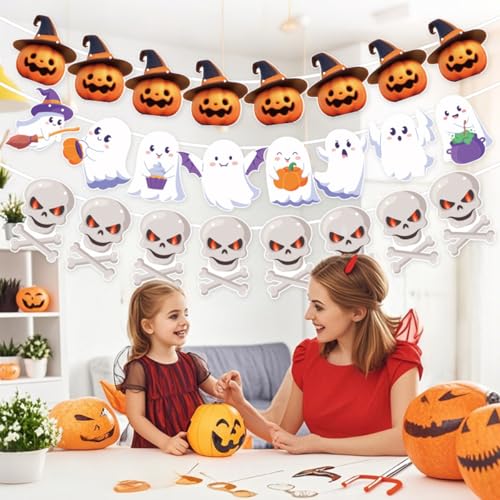Cute Halloween Banners Set - 4pcs Pumpkin Ghost Skull Decor