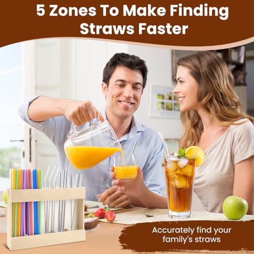 Wooden Straw Dispenser Organizer - Space-Saving Kitchen Holder with Adhesive Mount