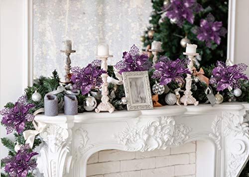 Light Purple Christmas Glitter Poinsettia Flowers for Tree - 10 Pack