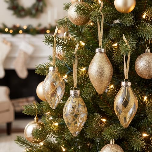 Champagne Gold Teardrop Christmas Ornaments Set - 4 Inch Finials, 12 Pieces