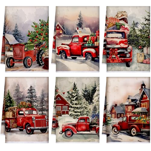 Christmas Kitchen Towels Red Truck Winter Decor - 6 Pcs with Variation Warm/Truck