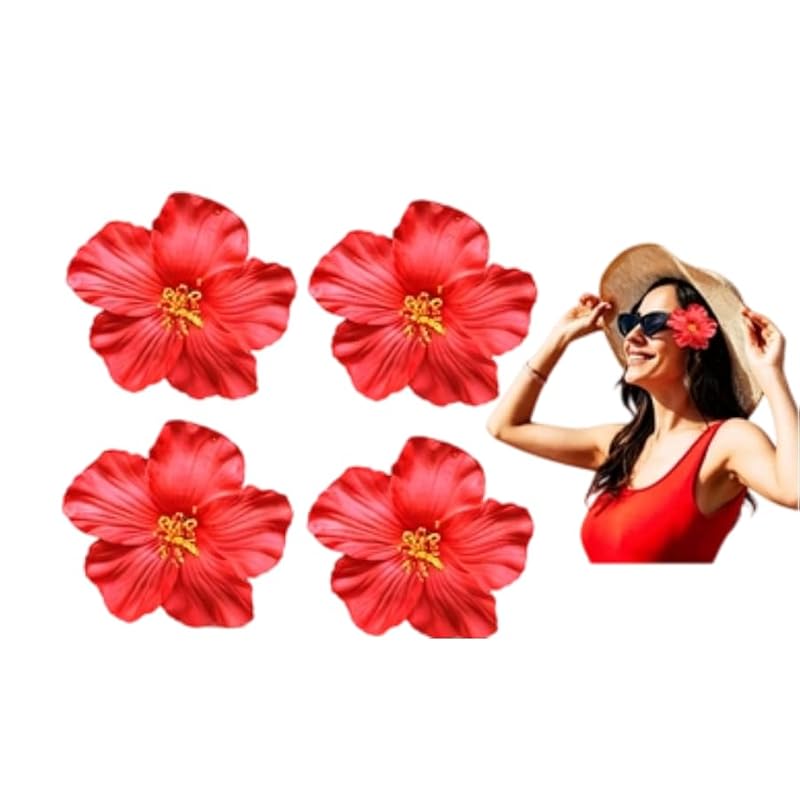 Red Hawaiian Flower Hair Clip Set - 4Pcs 8cm Tropical Floral Hair Accessory