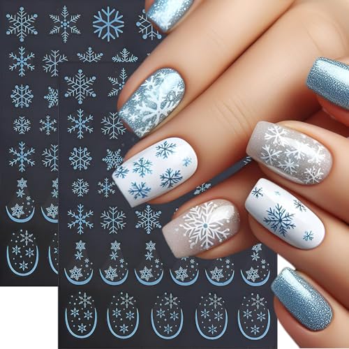 Snowflake Nail Art Stickers 6 Sheets – Gold White Blue 3D Decals for Winter Holidays