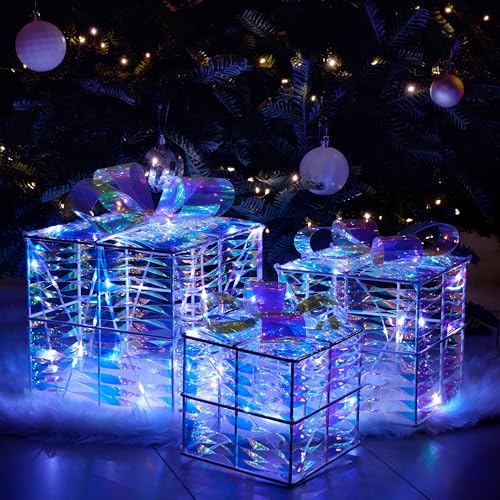 Iridescent Christmas Lighted Gift Boxes Set of 3 - Light Up Holiday Decor