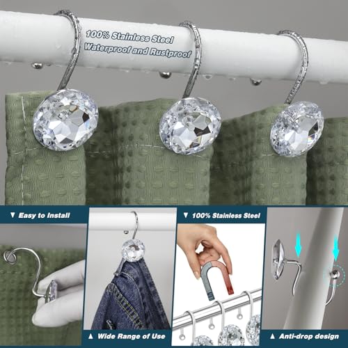 Yapicoco Crystal Rhinestone Shower Curtain Hooks - Clear 12-Piece Set
