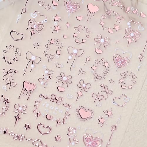 5D Embossed Rose Gold Bow & Heart Nail Stickers Self-Adhesive Decals