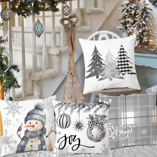 Artmag Christmas Pillow Covers Set of 4 - 16x16 Inch Snowman & Tree Designs