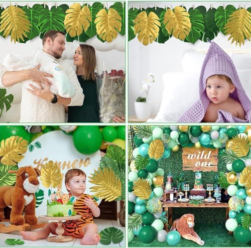 50pcs Artificial Palm Leaves Set, Green & Gold Tropical Jungle Decor