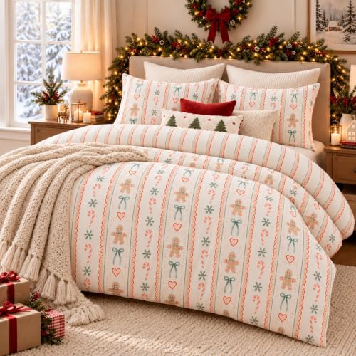 Christmas Duvet Cover Set Queen with Gingerbread Bows and Candy Cane Pattern - No Comforter